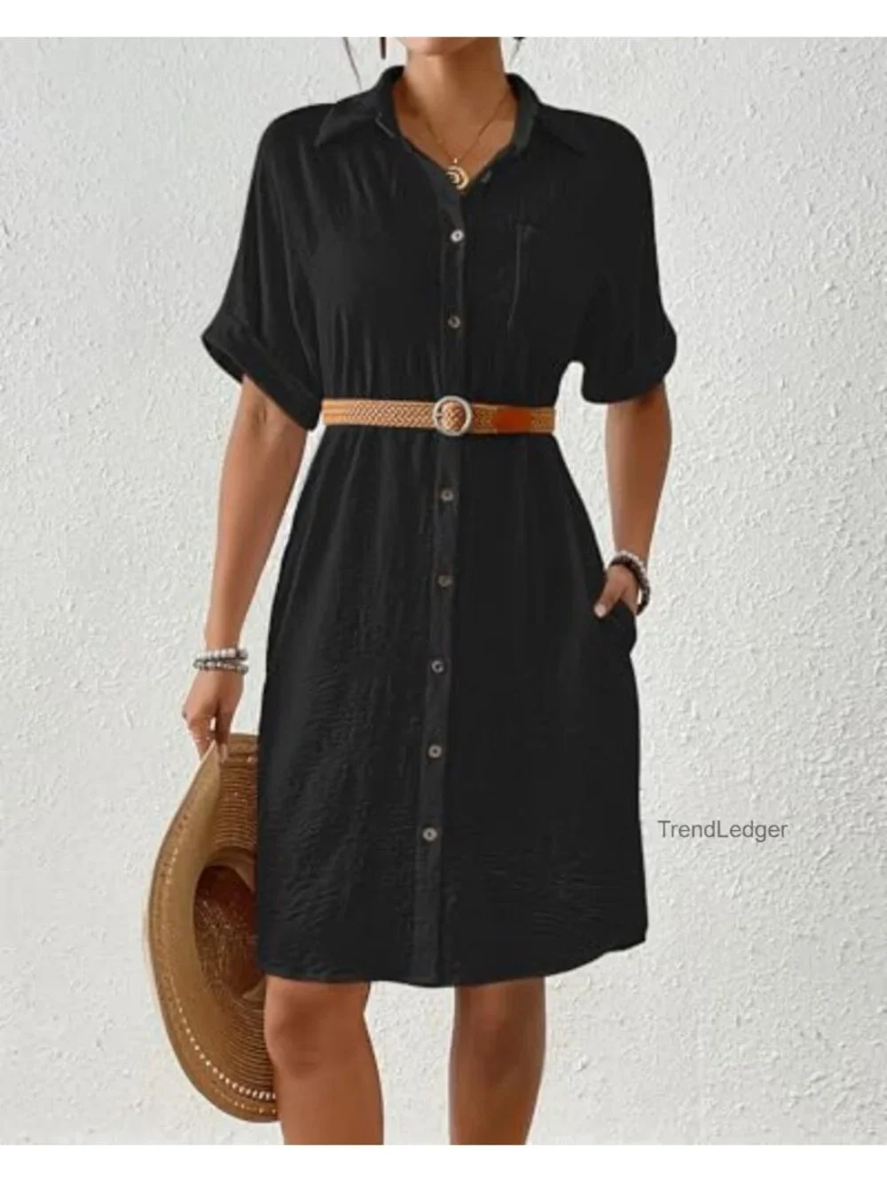Women's Swimwear Cover Up Knee Length Beach Dress with Pockets Button Down